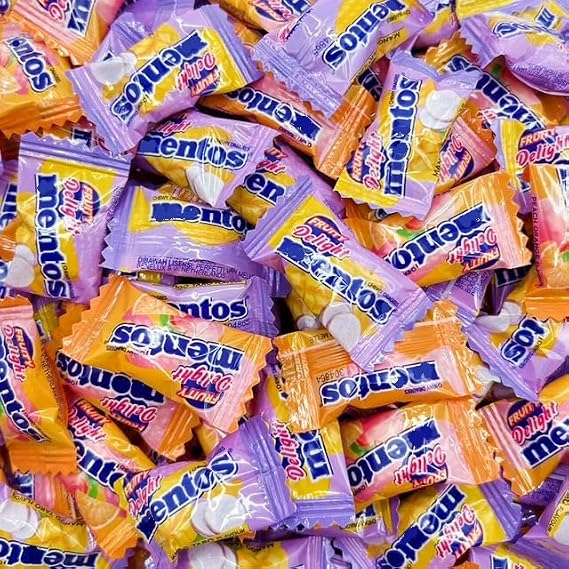 Mentoes Fruity Delight Chewy Candies | Approx. 280 Pieces | Peach Orange & Mango Taro Flavors | 2 Pounds Individually Wrapped | Bulk Fun Size Fruity Candy