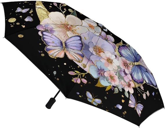 Automatic Folding Travel Umbrella Compact Windproof Rain Umbrella with Anti-UV Black Lining for Sun & Rain Protection