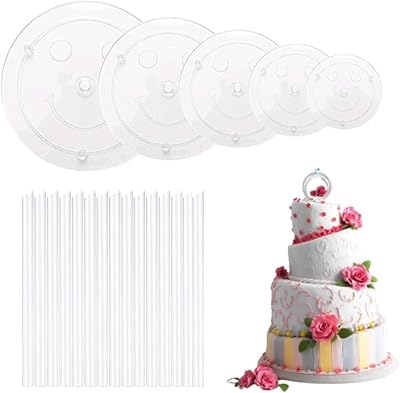 5 Pieces Cake Separator Plates Stands with 15 Pieces Clear Plastic Cake Dowel Rods，Cake Supports for Tiered Cake Stacking for 4, 6, 8, 10, 12 Inch Cakes.