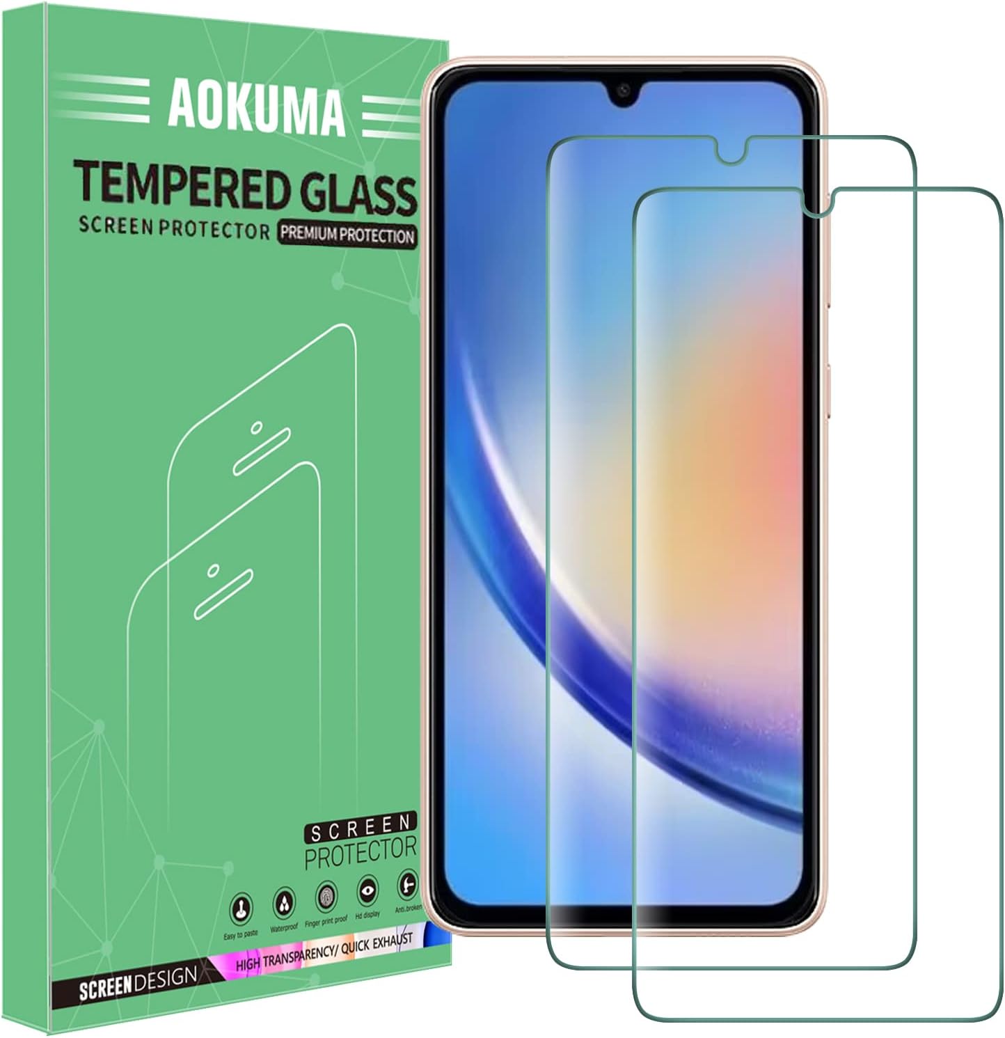 AOKUMA Tempered Glass for Samsung Galaxy A34 5G Screen Protector, [2 Pack] Premium Quality Guard Film, Case Friendly, Shatterproof, Shockproof, Scratchproof oilproof