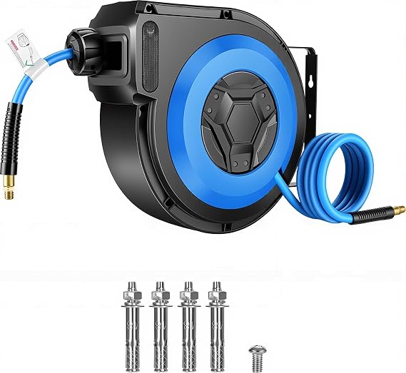 Air Hose Reel 50FT Retractable, Ceiling/Wall Mount Penumatic Hose Reel for Garage Workshop, Automatic Rewind, 3/8" x 50' Hybrid Air Hose Reel with Brass Fittings + Bend Restrictors, 300PSI