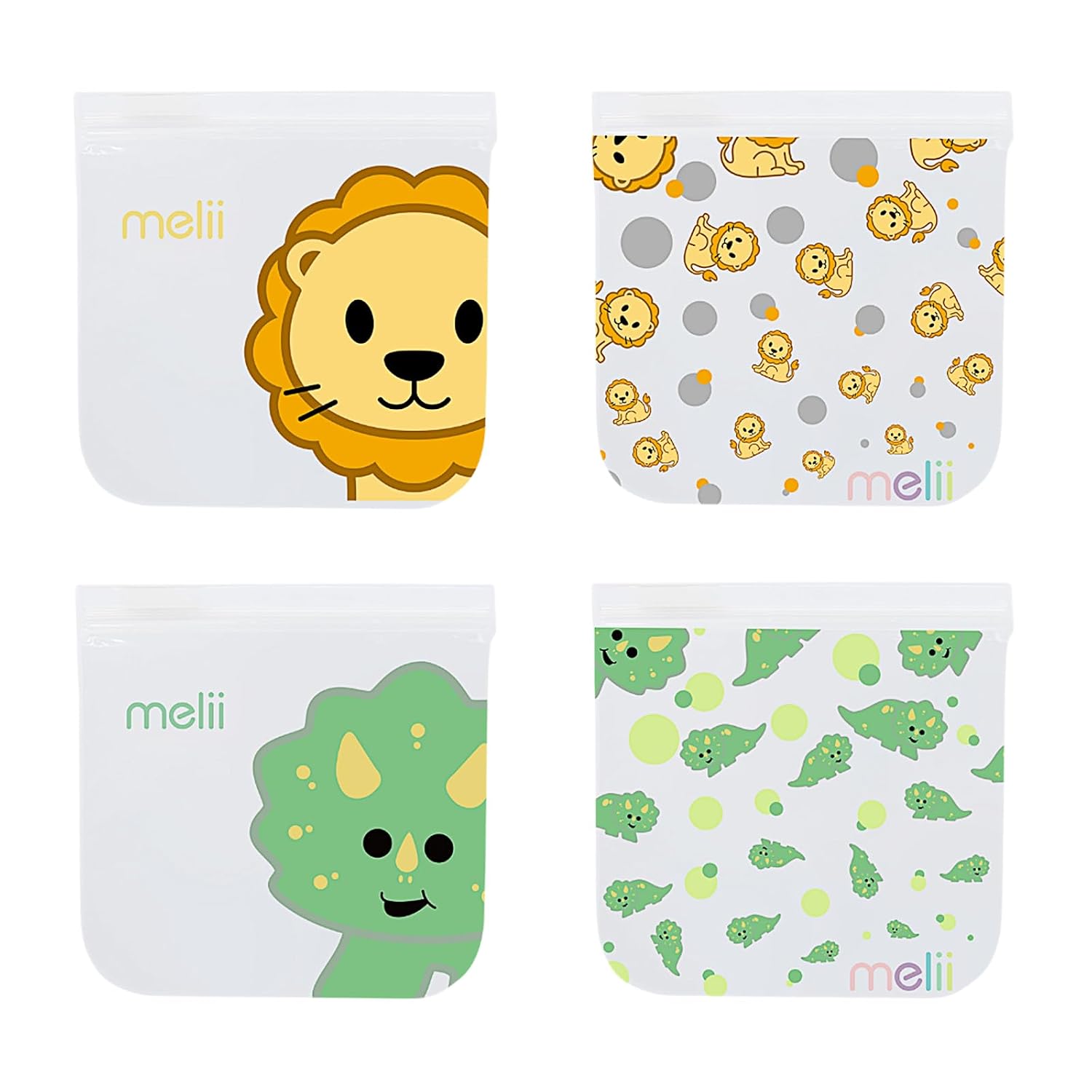 melii Reusable Sandwich & Snack Bags for Kids & Adults, Food Storage, Organization & Meal Prep Containers, Leakproof, BPA free, 4 Pack, 2 Dinosaur & 2 Lion
