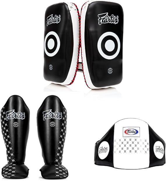Fairtex KPLC2 Thai Pads Standard + BPV1 Belly Pad Black/White + SP5 Black Small ShinGuard