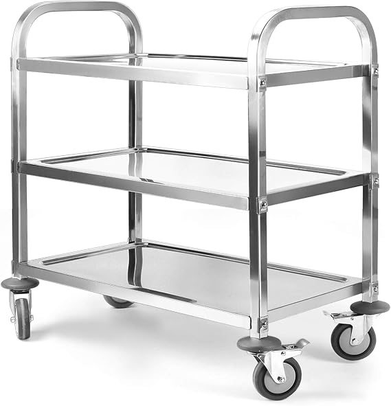 Nisorpa 3 Tier Stainless Steel Utility Cart L37.4 x W19.68 x H37.4 Inch Kitchen Rolling Carts with Wheels Serving Trolley Catering Storage Shelf with 2 Lockable Wheels for Hotel Restaurant Home Use | Utility Cart with Wheels, Serving Trolley, Catering Storage Shelf, 2 Lockable Wheels, For Hotel, Restaurant, Home Use