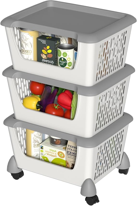 3-Tier Plastic Stacking Organizer Basket with Wheels, Grey