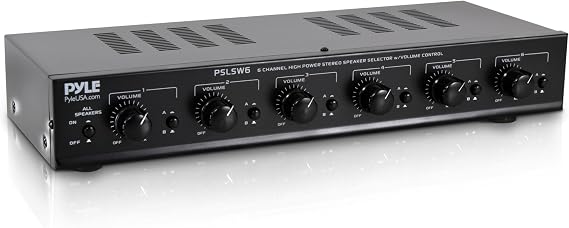 Pyle 6 Channel Speaker Selector Switch - Multi Zone A B Speaker Distribution Controller Box w/ Independent Audio Source Volume Control, Supports Home Theater Stereo Receiver System - Pyle PSLSW6