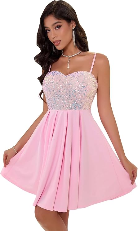 Angel-fashions Women's Strapless Sequin A-Line Sequin Elegant Short Prom Gown Cocktail Dress