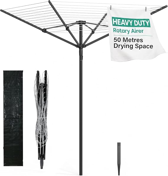 Vivo Technologies 4 Arm 50M Rotary Washing Line Heavy Duty Clothes Airer Dryer for Outdoor & Garden, Folding Large Rotary Clothes Line with Metal Ground Spike and Cover, Black