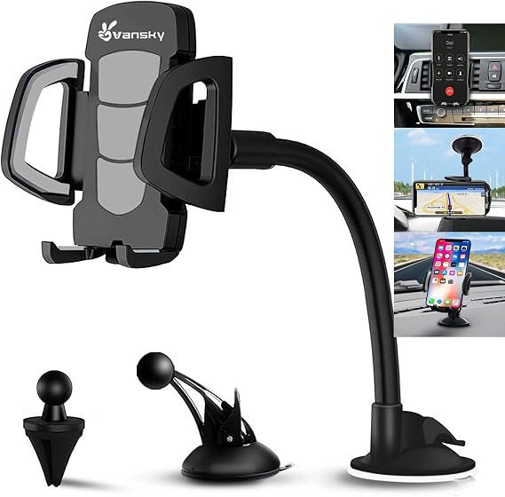 Car Phone Holder, 3-In-1 Car Phone Mount Universal Air Vent Dashboard Windshield Phone Holder Cradle One Button Release and 360°for iPhone 15/14/13/12/11/XS/XR/X/8, Sony, LG,Huawei,Samsung and More