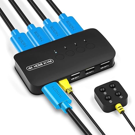 HDMI KVM Switch 4 Port, 4K@30Hz KVM HDMI Selector for 4 Computers Sharing 1 Monitor and 3 USB Devices, Switcher Box for Mouse, Keyboard, Scanner, Printer