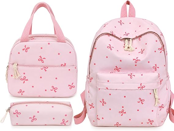 3-Piece Bow School Bag Set, Adorable Bow Bag, Pink Girls Backpack for School, Polyester Backpack + Lunch Bag + Pencil Case, for Teens Students Daily Use, Commute Travel Hiking Camping