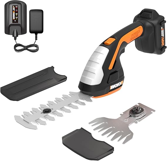 WORX Cordless Grass Shear & Shrub Trimmer, 20V 4" + 8" Bush Trimmer, WG801 | 8"& 4" blades interchangeable blades for grass and shrub trimming;2.0A battery battery & charger included; PowerShare.