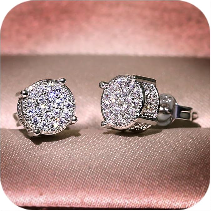 Women Synthetic Diamond Earrings, 18K White Gold Plated Round Square Cubic Zirconia Hypoallergenic Studs Earrings