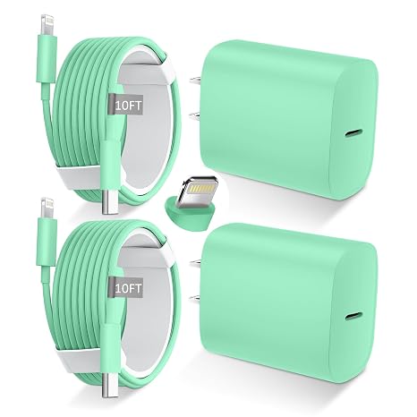 Phone 14 13 12 11 Fast Charger,10FT Long Phone Chargers Fast Charging Lightning Cable with 20W USB C Charger Block for Phone 14/14 Pro Max/13/13 Pro Max/12/12 Pro Max/11/11Pro/XS/Max/XR/X,Pad,Green