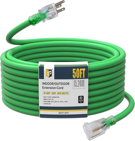 EP 50 Ft 12/3 SJTW Lighted Outdoor Extension Cord, Green