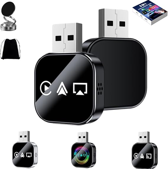 3-in-1 Car Adapter (2026 Model), Carplay Wireles Adapter, Mini Size, Compatible with Apple Carplay, Android Auto & Mirror Link, Plug & Play, Fast Response & Stable Connection (A, for iPhone)
