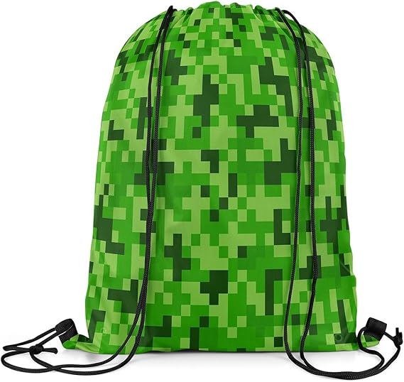 Green Pixelated Themed Gamer Drawstring Backpack 13"X16" Video Games Sackpack for Gym Sports Cartoon Gamepad Water Resistant String Bag for Women Men