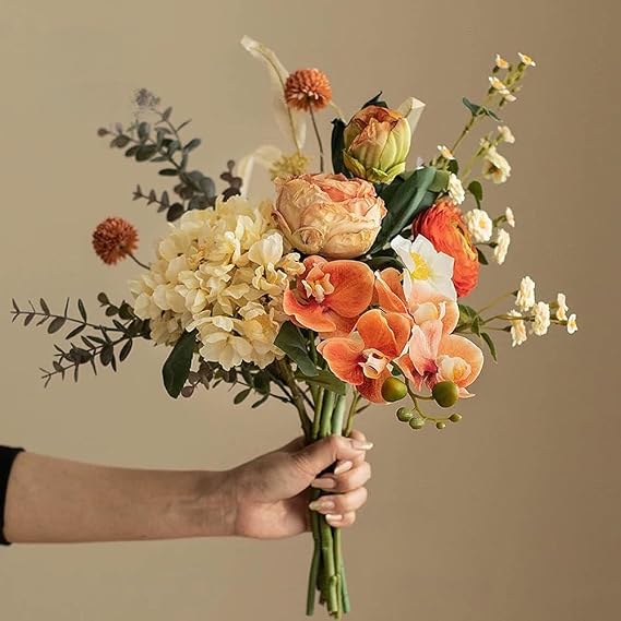 18" Artificial Peony, Hydrangea & Orchid Silk Bouquet - Fake Flowers for Bridal Wedding Bouquets, Bridesmaid Prom, Indoor Home Decor Centerpiece(Faux Plants, Outdoor Use) (Orange)