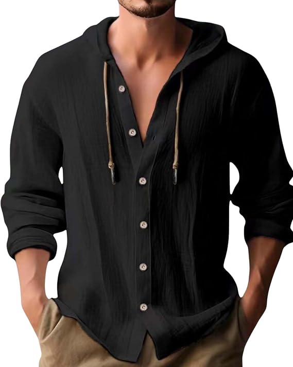 Linen Hoodie Shirt for Men Long Sleeve Button Down Loose Lightweight Beach Vacation Shirts Top