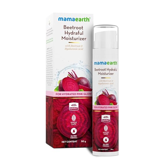 MAMAEARTH Beetroot Hydraful Moisturizer with Hyaluronic Acid, 50g | Lightweight cream texture suitable for daily skincare routines.