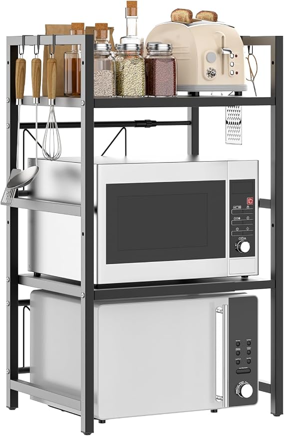 3 Tiers Expandable Microwave Oven Rack with 6 hooks, Microwave Shelf Stand for Kitchen, Carbon Steel Kitchen Shelf Countertop Storage Organiser for Pots Pans Rice Cooker,Spice Rack,Black