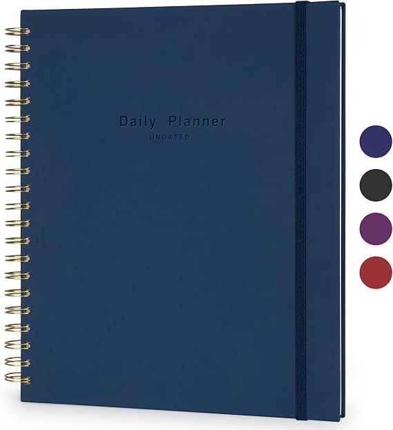 AuroPlanner Undated Daily Planner To Do List Hourly Schedule 2027 2026 2025 Calendar & Holiday Habit Tracker 180 Pages Letter Size 8.5 x 11 Sheets Hardcover Spiral Bound Notebook Navy Blue