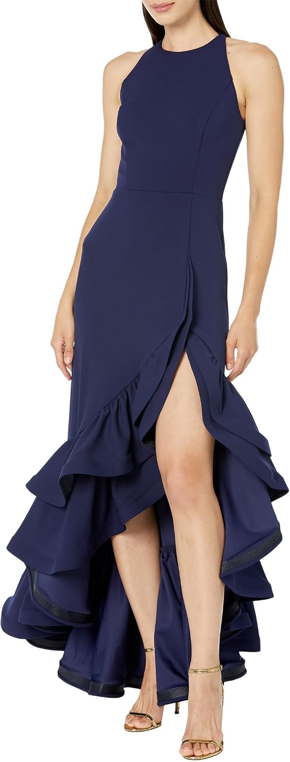 Betsy & Adam Women's Long Halter Crepe Tiered Ruffle Gown, Night, 2