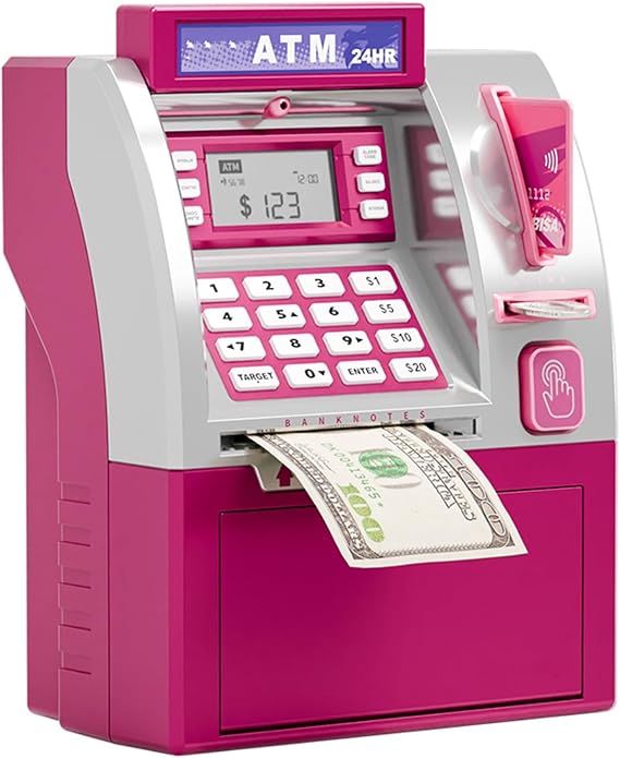 Digital Money Box with Card, USD Dollars Electronic Kids Safe With Password, LCD Display & Sound, Piggy Bank ATM Coin Cash Savings Box (pink)