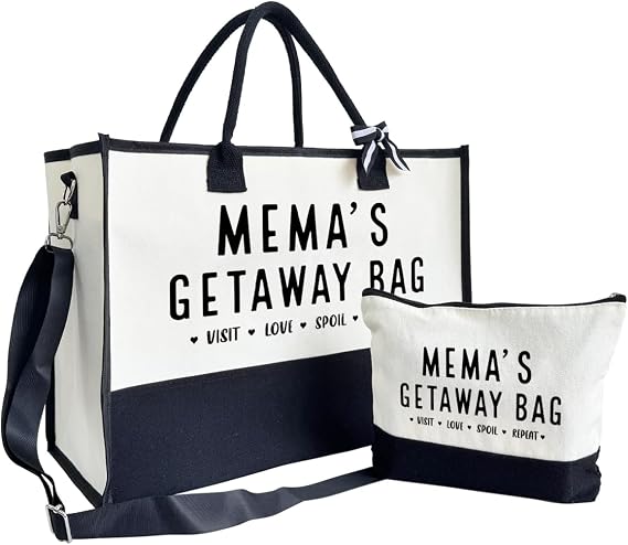 Mema Gift, Mema's Getaway Bag, Canvas Beach Bags, Canvas Tote Bag for Women, Birthday Gifts for Women Her Mema, Visit Love Spoil Bags, Mema Bag