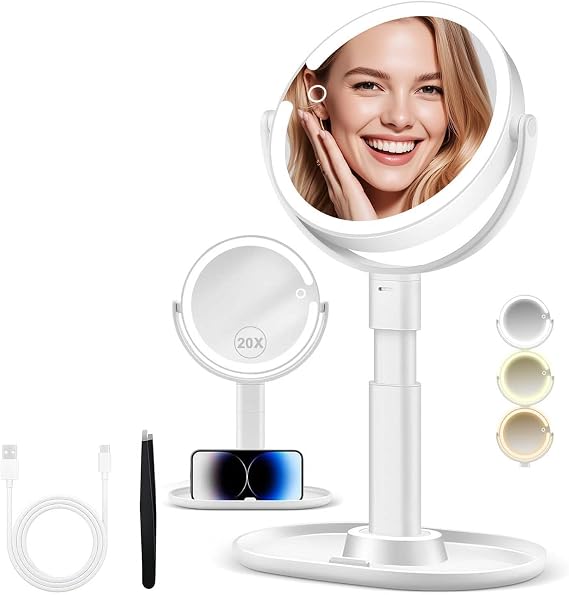 20X/1X Magnifying Makeup Mirror with Lights, Double-Sided Home Vanity Mirror with 3 Color Brightness Adjustable, 360 Rotation, Adjustable Height, Rechargeable, Phone Holder and Storage Tray