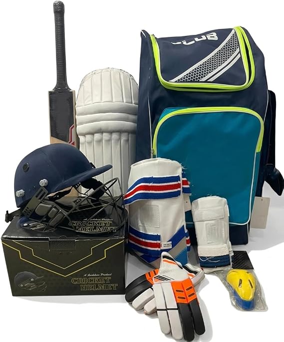 REINDEER Kashmir Willow Cricket Kit Includes Professional Bat, Leg Guards, Batting Gloves, Helmet, and Premium Kit Bag Full Protection Equipment Set Bat Size: 4 Kids Height: 144-150 CMs