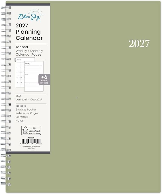 Blue Sky 2027 Weekly & Monthly Planner, 8.5"x11", Enterprise Sage Green
