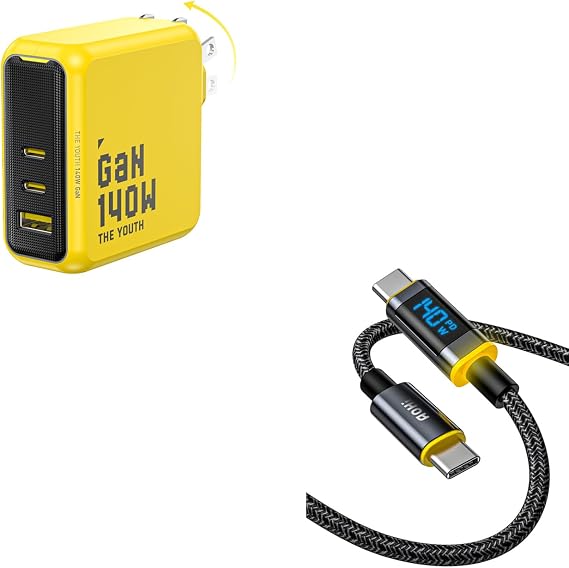 AOHI Youth 140W GaN+ Charger 100W Laptop Fast Charger +140W USB C to USB C Cable with Display,Nylon 4ft