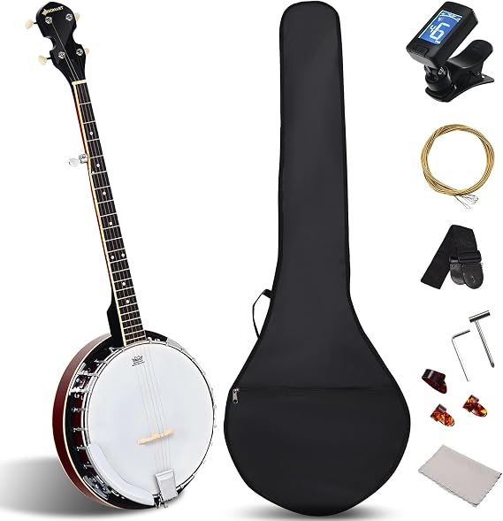 GLACER 5-String Banjo, Solid Wood Full Size Banjo with 24 Adjustable Brackets & Geared 5th Tuner, Beginner Kit Including Digital Tuner, Gig Bag, Strap, Picks for Bluegrass Folk Country
