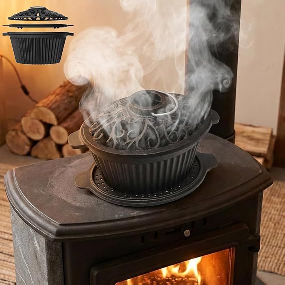 Wood Stove Steamer, Cast Iron Humidifier for Wood Stove, Cast Iron Steamer Pot, Trivet, Lattice Top, Pre-Seasoned, Fireplace Humidifier Cookware Set, All Seasons Cookware Set.