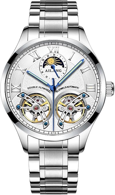 AILANG Men's Skeleton Watches Automatic Mechanical Watch with Dual Balance Wheels (Silver White-B)