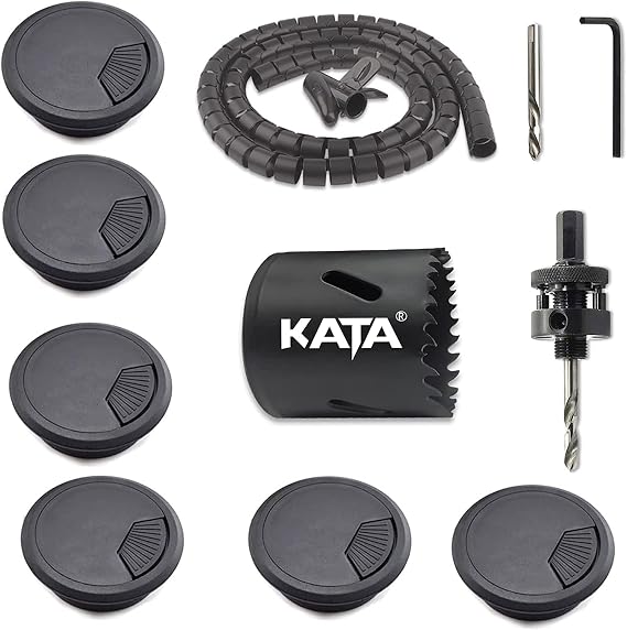 KATA 6-Pack Desk Grommet 2 Inch (50mm) Wire Cord Cable Desk Hole Cover with 51mm (2") M42 Bi-Metal Hole Saw Kit, 1 Mandrel Arbor, 1 Drill Bit, 1 Hex Key