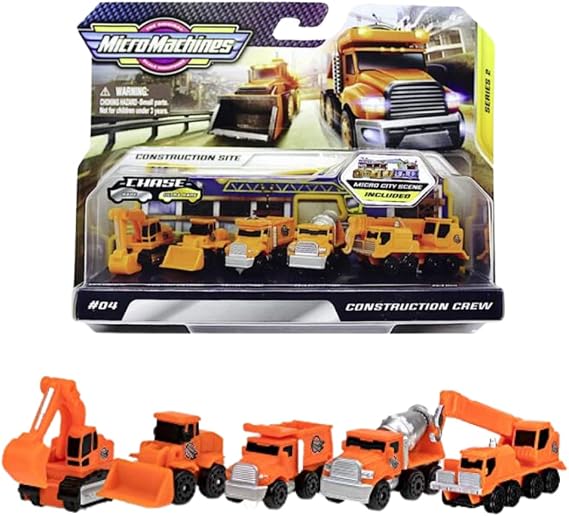 Micro Machines MMW0021 Construction Crew Pack, Features 5 Plus Corresponding Scene-Highly Collectible Themed Toy Cars Tiny Vehicles, Huge World, Orange