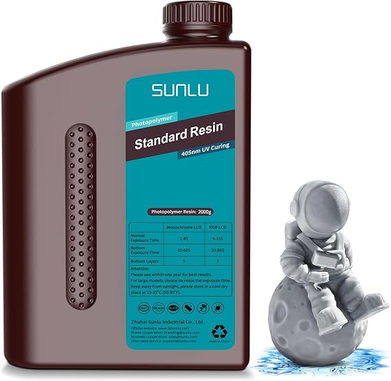 SUNLU Photoforming 3D Printer Resin, 4.4 lbs 2 kg Fast Cure Standard UV Resin, 395-405 nm, UV Cured, Photo Polymer Resin, Modeling Material for LCD DLP SLA 3D Printer, Easy to Use, Low Odor, Low Shrinkage, High Precision, 2000 g, Gray