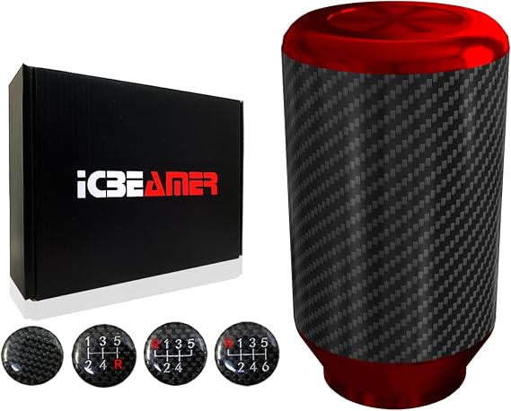 ICBEAMER Red Aluminum w/Carbon Fiber 3.25" Shift Knob, Tall Fit Automatic and 4, 5 and 6 Speed Manual Transmission Vehicles, Interior Car Gear Lever Stick Shift Handle Automotive Replacement Parts