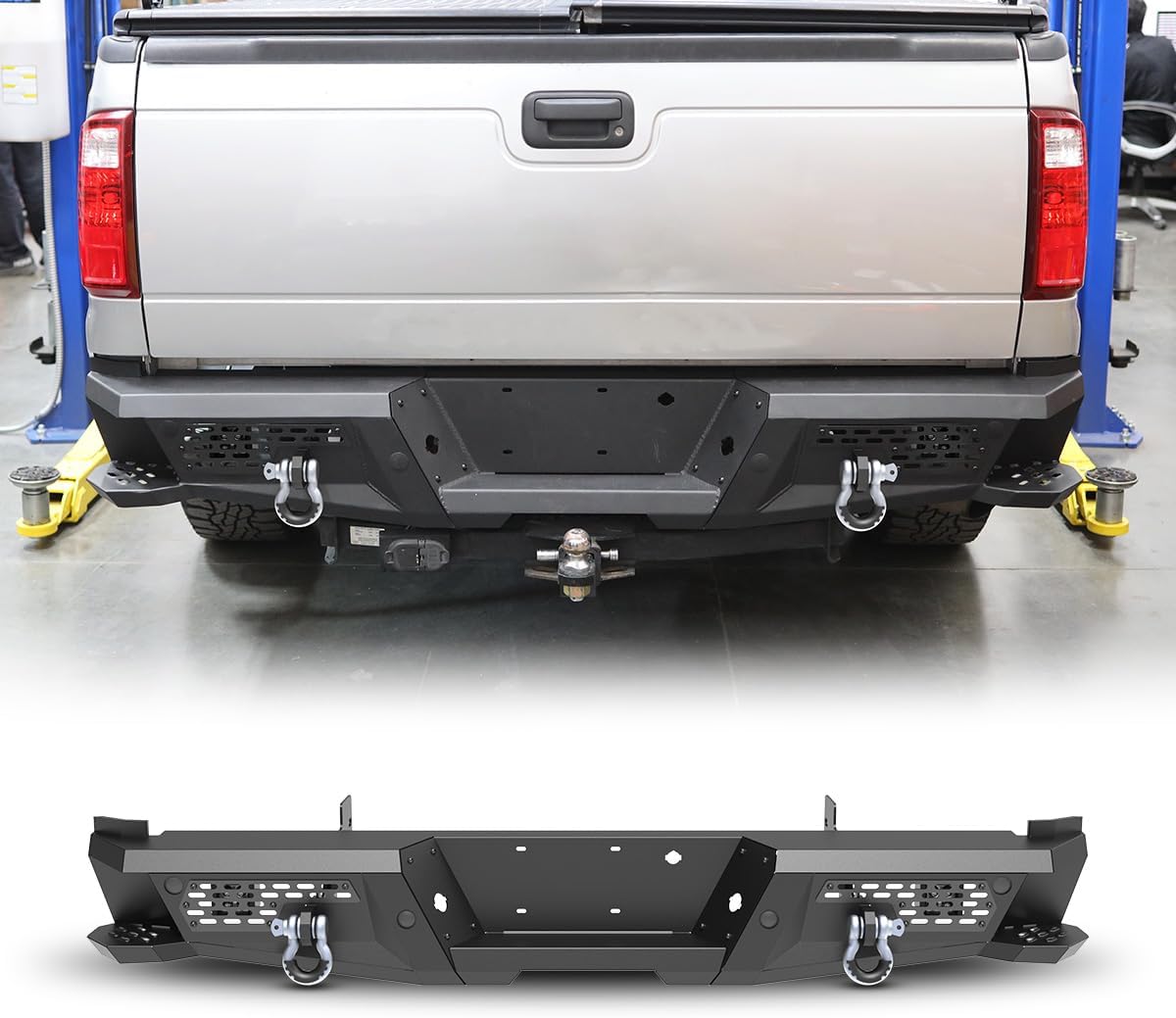 WOLFSTORM Rear Step Bumper Compatible with 1999-2016 3rd Gen Ford F250 F350 F450 Super Duty Pickup Truck Bumper Consists of 4 x LED Lights, D-rings, Paintable Armor & Sensor Holes Textured Black