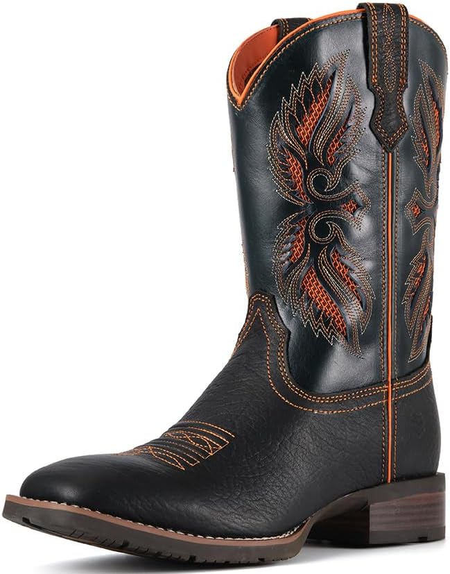 SUREWAY Cowboy Boots For Men - Mens Square Toe Embroidery Western Boot,Oil/Slip Resistant,Durable Classic Pull on 10 Inch Wellington Boots - Soft Toe Full Grain Leather Work Boots
