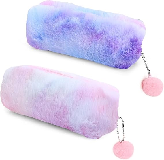 2 Plush Pencil Cases, Cute Rainbow Pencil Case, Soft Pencil Bag?Large Capacity Stationery Storage Bag, Girly Stationery Pen Case, Children Plush Pen Case (Pink, Purple)