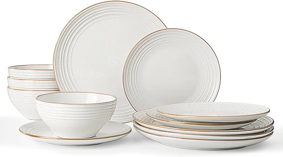 Richmount Jupiter Plates and Bowls Set, Reactive Glaze Dinner Set for 4, 12 Pieces Stoneware with Gold Rim, Scratch Resistant Dinnerware Service for 4, Microwave & Dishwasher Safe, White