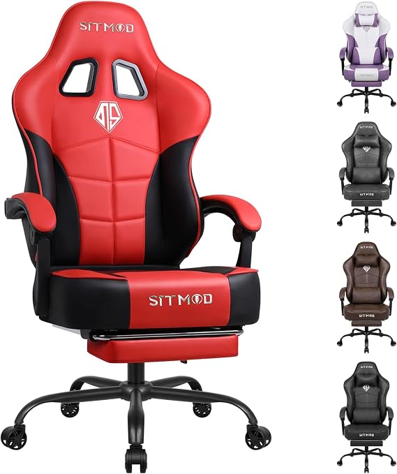 PU Leather Gaming Chair, Ergonomic Office Chair with Footrest and Lumbar Support, Comfortable High Back Computer Chairs for Adults, Height Adjustable Gamer Chair, Red