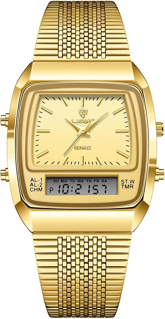 Men's Watch, Analog-Digital Waterproof, Gold: Antique, Stainless Steel, Rectangular Watch, Quartz Watch, Fashion Watch, Gold Color, Birthday, Anniversary, Father's Day, Christmas, Valentine's Day Gift