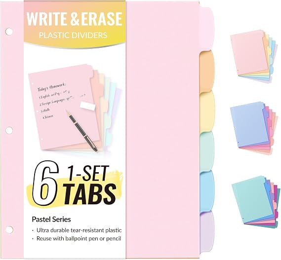 Sooez 6-Tab 3 Ring Binder dividers with tabs, Durable Plastic Write & Erase Tab Dividers for 3 Ring Binder, Aesthetic Cute Binder Dividers for Student, Teacher, Office, Home Organizers, 1 Sets