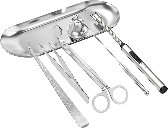 6 in 1 Candle Accessory Set,Candle Wick Trimmer Cutter,Candle Wick Dipper,Candle Wick Snuffer, Rechargeable Candle Lighter,Storage Tray Plate,Tweezers,Stainless Steel Candle Care Kit Home Gift