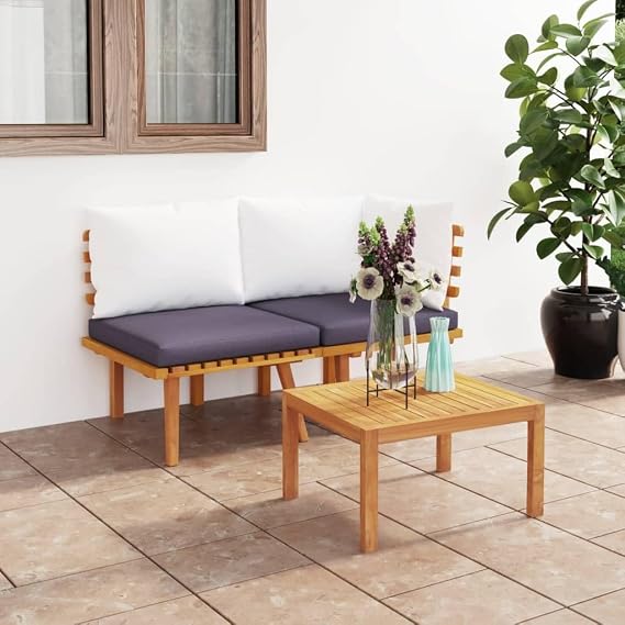 2 Piece Patio Furniture Set with Cushions, Solid Acacia Wood 2-Seat Outdoor Sectional Sofa with Corner Sofa and Middle Sofa for Garden, Poolside, Backyard