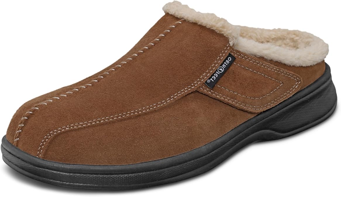 Orthofeet Asheville Orthopedic Men House Slippers | Hands Free, Adjustable, Slip-On Faux Fur Supportive House Shoes with Arch Support, Comfortable Cushioning, Wide Toe Box